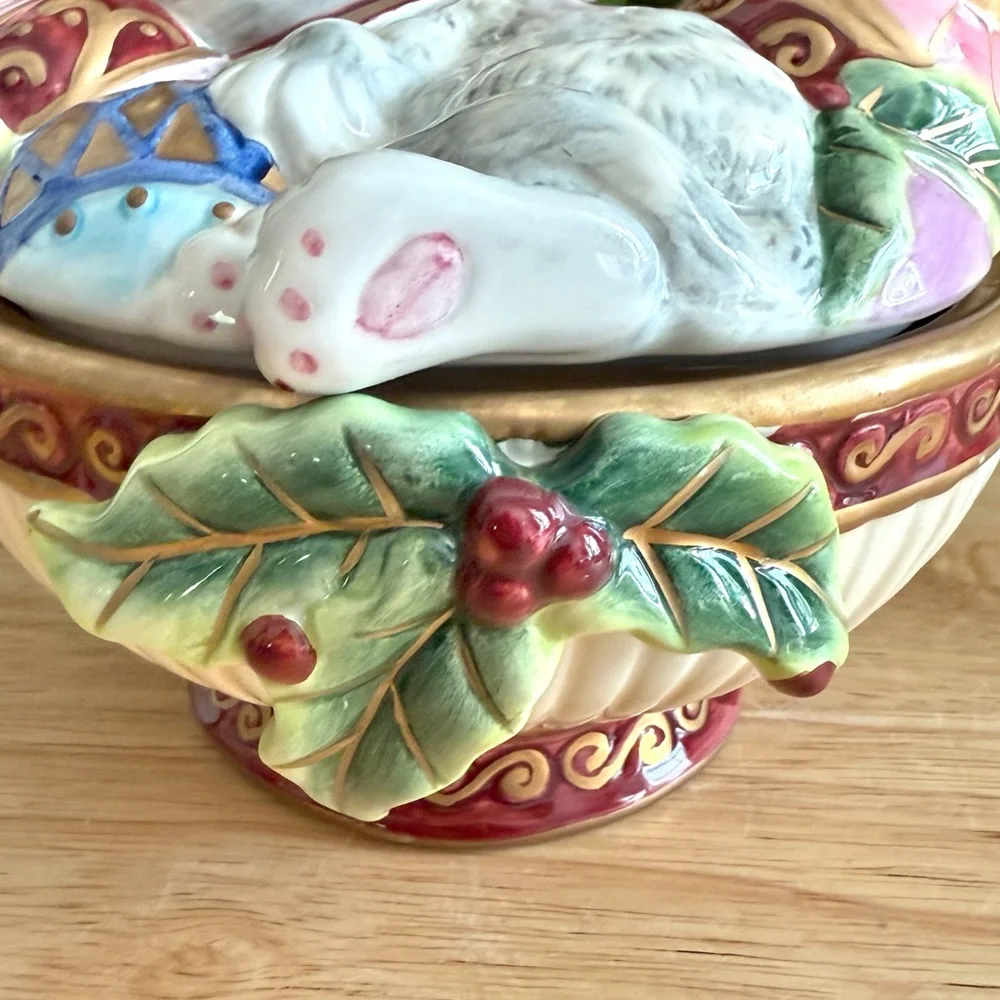 Fitz and Floyd Kristmas Kitty Lidded Box Candy Dish Trinket Jar Holiday Decor